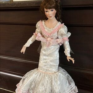 Patricia Rose Vintage 1999 Porcelain Lace Doll in White and Pink Dress